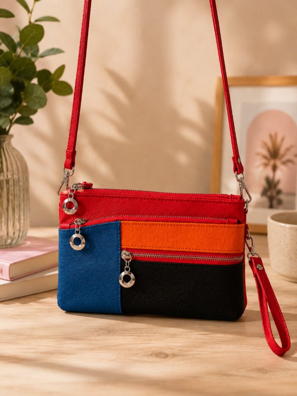 VINTAGE Color Block Multi Pocket Crossbody Organizer Vegan Wristlet Clutch